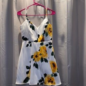 White Homecoming Dress with yellow flowers.